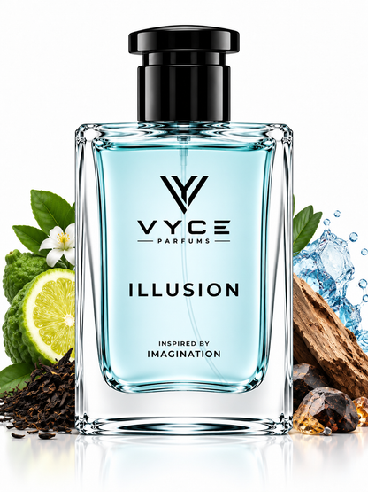A clear glass bottle of Vyce Parfums Illusion fragrance with light blue liquid and a black cap, centered on a white background with decorative botanical and wood elements around it.